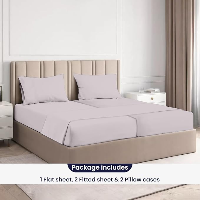 SGI Split King Sheet Set for Adjustable Bed Egyptian Premium Cotton 600 Thread Count Sheets for Sleep Number Bed 15" Deep Pocket 5 Pc Set with 2 Twin XL Fitted Sheets Soft Breathable -Silver