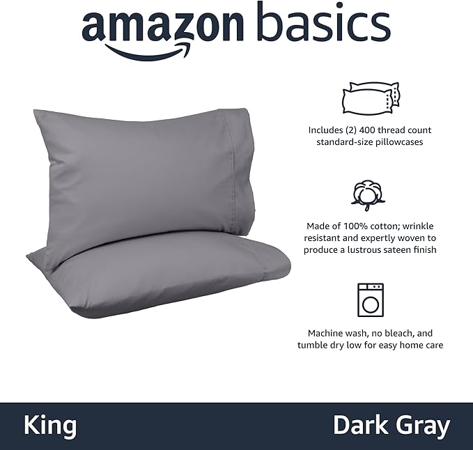 Amazon Basics 400 Thread Count 100% Cotton Pillow Cases, Sateen Weave, King, Dark Gray, 40" x 20", Set of 2, Pillows Not Included