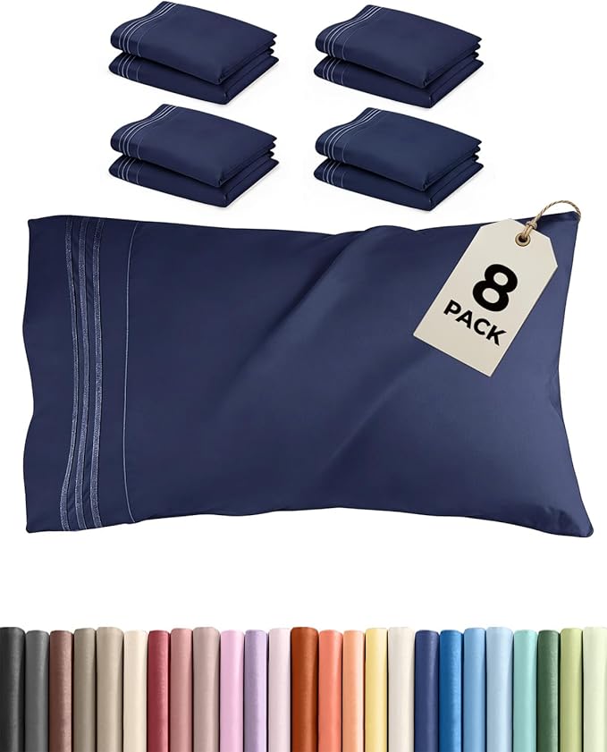 Queen Pillow Cases Set of 8 - Ultra Soft Hotel Quality Pillowcase Covers - Comfy, Cozy & Wrinkle Free - Shrink, Stain and Fade Resistant - Machine Washable Pillow Protectors - 8 Piece Set - Navy Blue