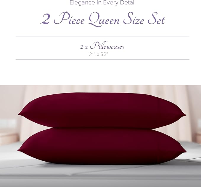 Carressa Linen 100% Egyptian Cotton Pillow Cases Queen Size Set of 2 - Luxury 600 Series Hydrangeas Collection Queen Size Pillowcases (Burgundy), Cooling Sateen Weave Hotel Quality Bed Pillow Cover