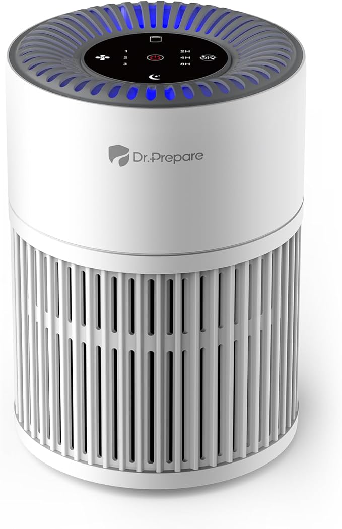 Dr.Prepare Air Purifiers for Bedroom - Covers Up to 1075 ft² - H13 HEPA Washable Filter with 15 dB Sleep Mode & Night Light, 360°Air Inlet, 3 Timer - Quiet Air Cleaner For Pets, Home, Office,Baby Room