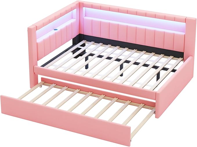 Merax Full Size Modern Upholstered Platform Bed with USB Ports & Trundle Bed, Floor Daybed with Wood Slat Support, Storage Bed Frame with Headboard/Full, Pink