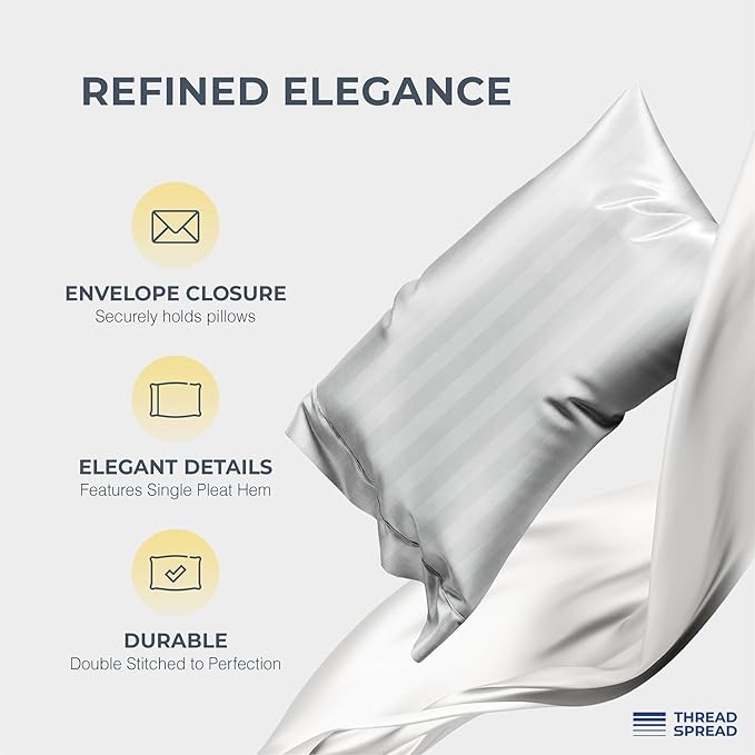 THREAD SPREAD 100% Egyptian Cotton Damask Sheets Queen Size - Luxury 1500 Series Queen Sheet Set Egyptian Cotton (4 PC, Silver Stripe), Soft, Sateen, Cooling & Breathable, 17" Deep Pocket Bed Set
