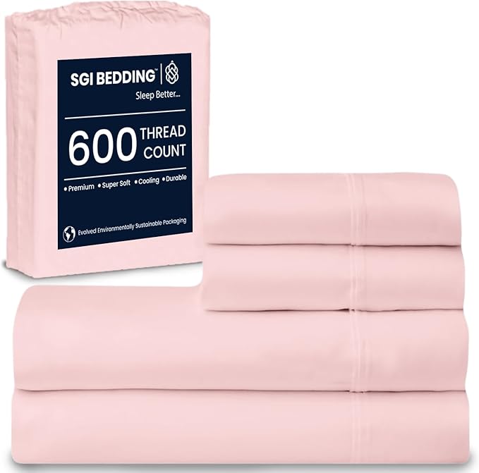 SGI bedding 100% Egyptian Cotton Sheets King Size – 600 Thread Count Sheets Set, Soft, Cooling, 15" Deep Pocket, Luxury Hotel Bedding, Breathable, Durable - Blush