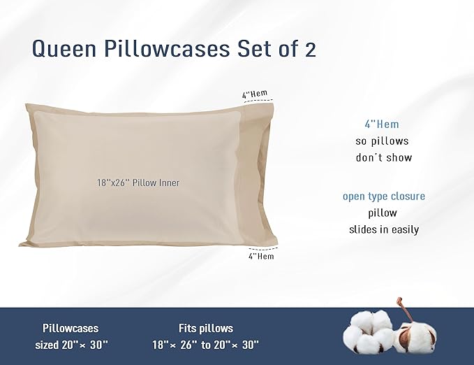 Pillow Cases, Standard Queen Size Cotton Percale Weave Pillowcases, Pre-Shrunk Breathable and Hypoallergenic Pillowcases, Set of 2 (2 Piece Standard/Queen 20 Inch x 30 Inch, Sandshell)