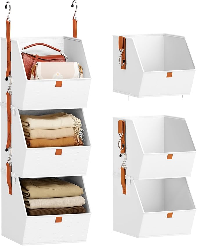 Homsorout Collapsible Hanging Closet Organizer - 3 Tier Closet Shelves Storage System with Hooks, Fabric Hanging Storage Bins for Clothes, Foldable Storage Basket for Laundry, Bedroom, Rv, White