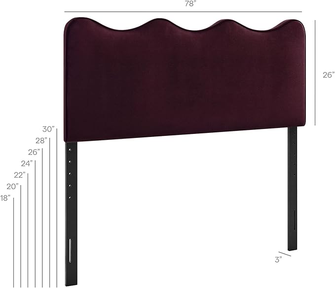 Monday Athena King Size Performance Velvet Adjustable Headboard in Mulberry - with Scalloped Wave Design and Stain-Resistant Velvet Upholstery