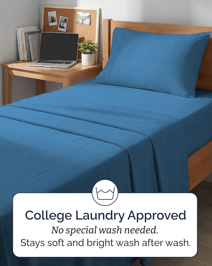 Twin XL Size 3 Piece Sheet Set - Comfy Breathable & Cooling Sheets - Hotel Luxury Bed Sheets for Women & Men - Deep Pockets, Easy-Fit, Soft & Wrinkle Free Sheets - Denim Blue Oeko-Tex Bed Sheet Set