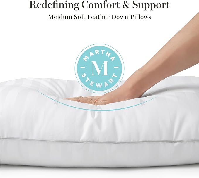 Martha Stewart Feather Down Pillow, Medium Soft, Queen | 100% Cotton | 500 Thread Count | Damask Stripe | Set of 2, Pack of 3