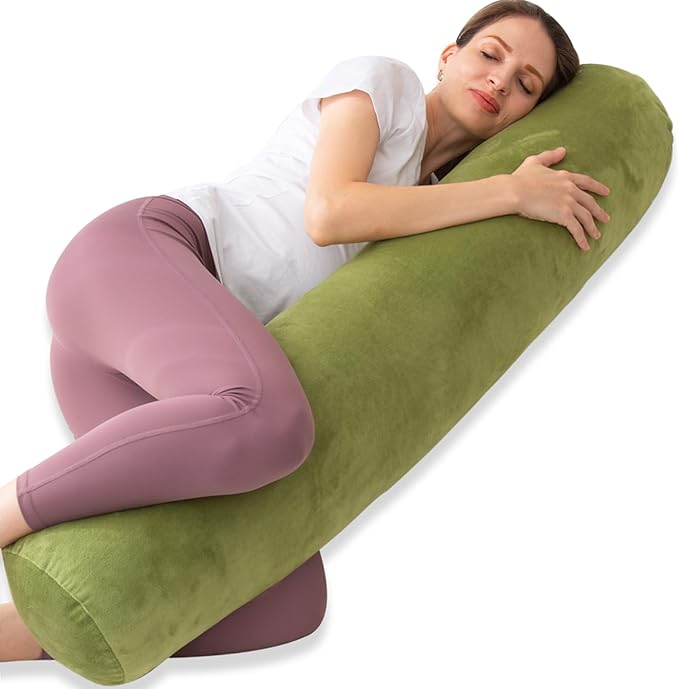 1 MIDDLE ONE Bolster Pillow for Bed, Long Round Body Pillow for Adults with Removable Velvet Cover, Decorative Tube Roll Cylinder Pillow, 47 x 7.87 Inch, Green