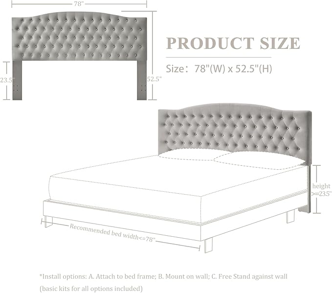 Furpopup Velvet Upholstered Headboard King/Cal King Size Latest Model Wall Mount, Bed Frame Mount, Featuring High-Density Sponge Padding, Luxury Texture Easy Assembly and Style-Silver Gray