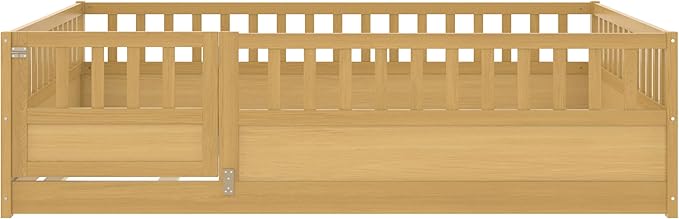 Bellemave Full Size Floor Bed with Slats and Door, Full Size Montessori Floor Bed with Rails, Easy Assemble Montessori Beds Frame for Bedroom, Natural