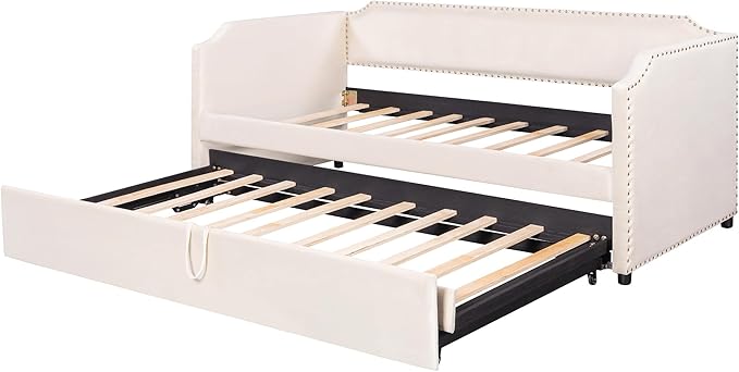 Merax Velvet Upholstered Daybed with Pop Up Trundle Twin to King Desigin, Twin Size Extendable Sofa Bed, Easy Assembly,No Box Spring Needed, Beige