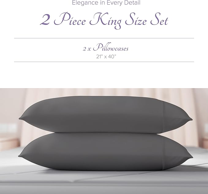 Carressa Linen 100% Egyptian Cotton King Size Pillow Cases Set of 2 - Luxury 600 Series Hydrangeas Collection King Pillowcases (Dark Grey), Soft Cooling, Sateen Weave Hotel Quality Bed Pillow Cover