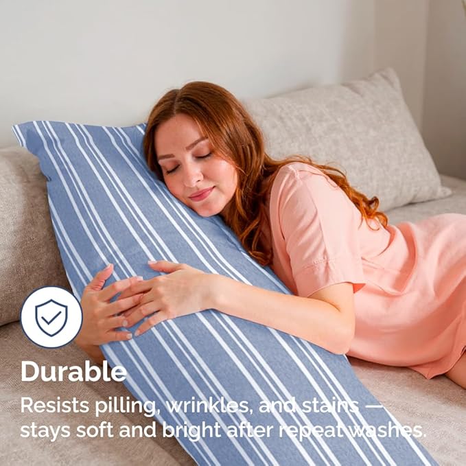 Body Pillowcases Set of 4-20x54 Long Body Pillow Case - Soft Body Pillow Cover for Sleeping & Side Sleepers - Comfy Breathable & Fade Free - Machine Washable w/Envelope Enclosure - (Blue Stripes)