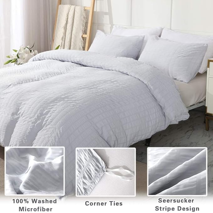 AveLom Seersucker Duvet Cover Set Queen Size (90 x 90 inches), 3 Pieces (1 Duvet Cover, 2 Pillow Cases), Light Gray Ultra Soft Washed Microfiber, Textured Duvet Cover with Zipper Closure, Corner Ties