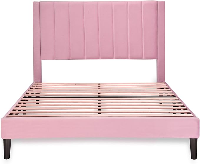 Allewie Full Platform Bed Frame/Velvet Upholstered Bed Frame with Vertical Channel Tufted Headboard/Strong Wooden Slats/Mattress Foundation/Box Spring Optional/Easy Assembly/Pink