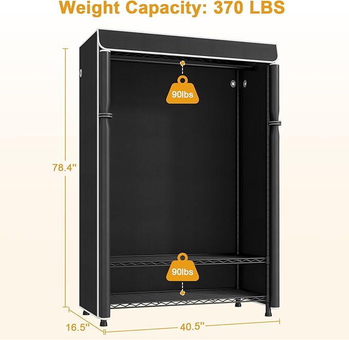 ULIFHOME H5C Plus Clothes Rack with Cover, Portable Closet for Hanging Clothes, Covered Clothing Racks Heavy Duty, Garment Racks with Shelves, Max Load 370LBS, Black Closet Rack with Black Cover