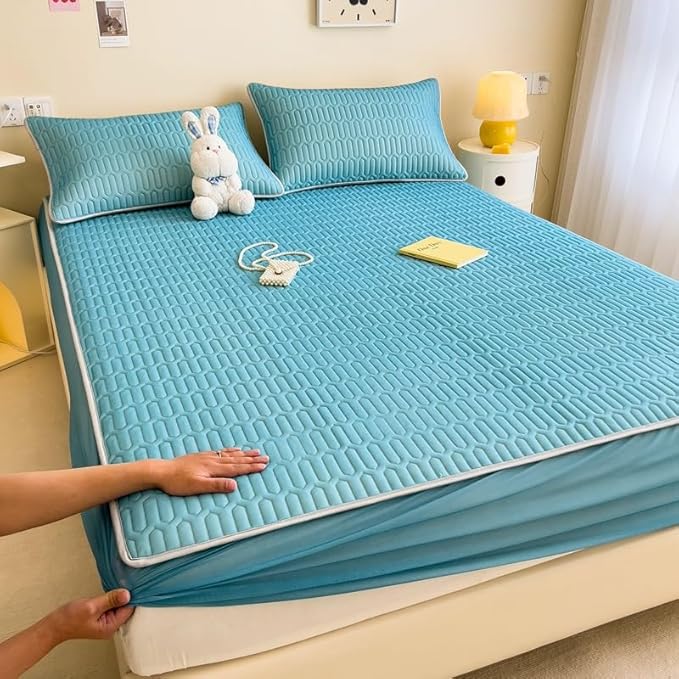 FCLDESHOP Soft Bedding Fitted Sheet,Solid Color Latex Sheet Mat Fitted Sheets, Summer Ice Box Spring Mattress Cover Bedding Sheets Pillowcase,Navy Blue,150cmx200cm (3pcs)