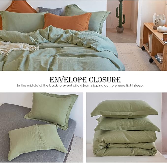 Simple&Opulence 100% Linen Duvet Cover Set 3pcs Basic Style Natural French Washed Flax Solid Color Soft Breathable Farmhouse Bedding with Button Closure - Sage Green, King