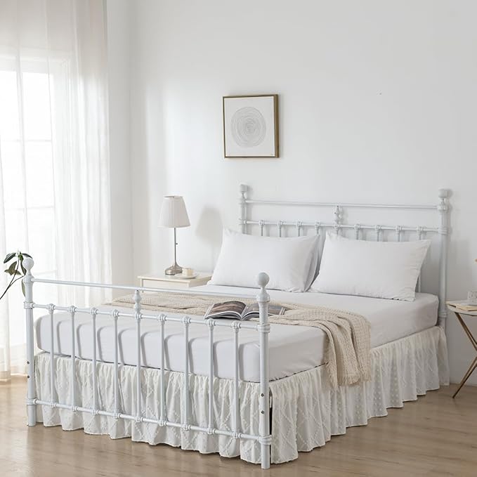 Bed Skirt Twin Size Ruffled Bed Skirt with Split Corners, 18 Inch Drop Dust Ruffle Bed Skirts with Platform, Boho Tufted Shabby Chic Full Size Bed Skirts, Ivory