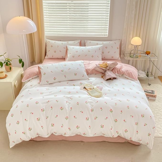 Nayoroom Pink Floral Duvet Cover Queen Size Coquette Tulip Printed on White Reversible Comforter Cover 3Pcs Kids Girls Cottagecore Bedding Set with Zipper Closure Soft Breathable Microfiber