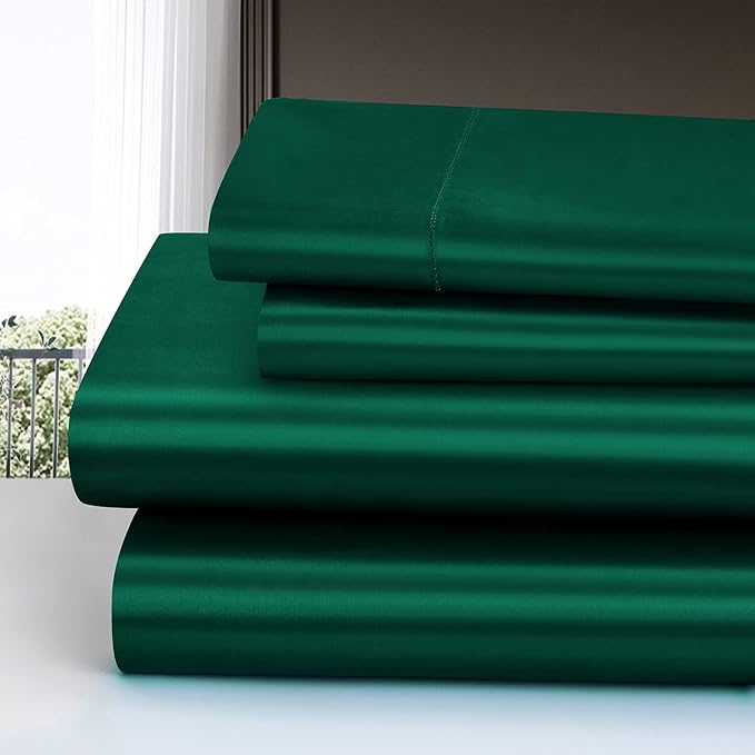 Homiest 4pcs Satin Sheets Set Luxury Silky Satin Bedding Set with Deep Pocket, 1 Fitted Sheet + 1 Flat Sheet + 2 Pillowcases (King Size, Blackish Green)