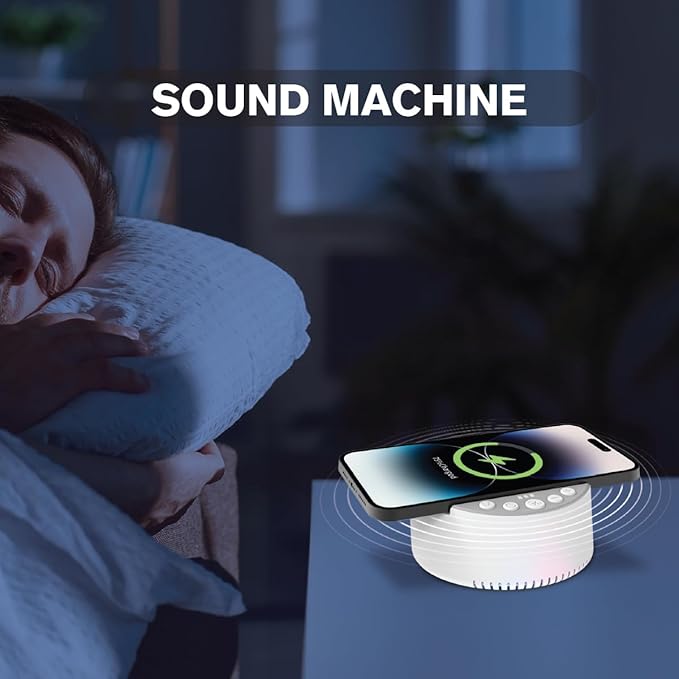 Sound Machine with Wireless Charger & Bluetooth Speaker – White Noise Sleep Aid with Memory Function, 6 Soothing Sounds, 3 Timer Modes – Compact Bedside Relaxation Device, White