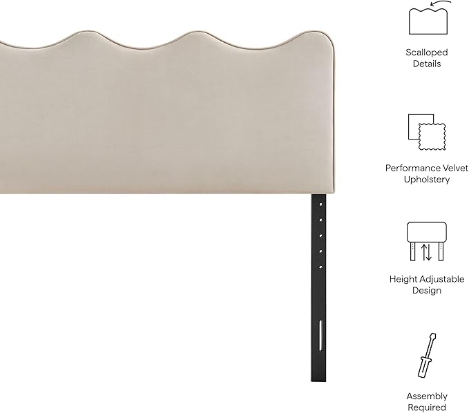 Monday Athena King Size Performance Velvet Adjustable Headboard in Almond - with Scalloped Wave Design and Stain-Resistant Velvet Upholstery