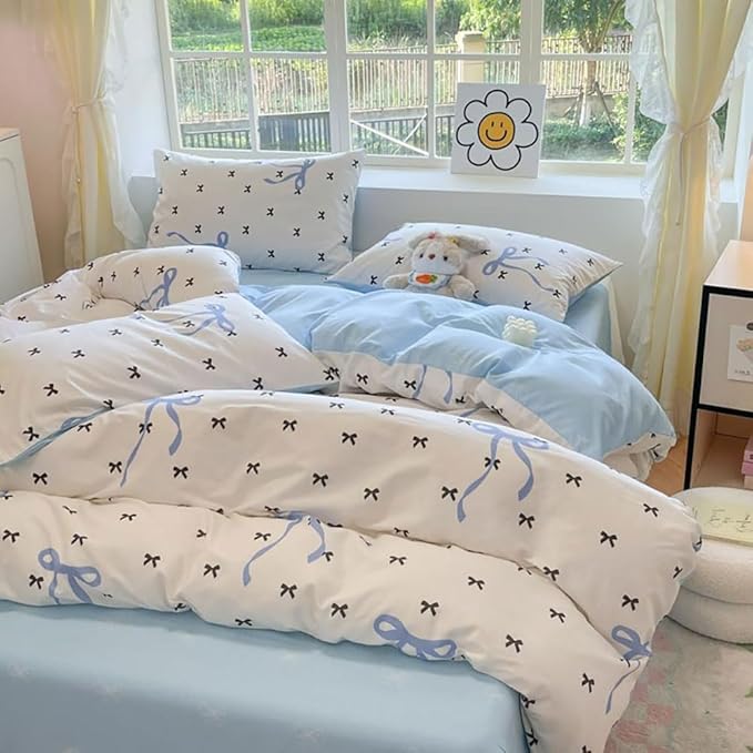 Nayoroom Blue Bow Duvet Cover Queen Size Reversible Blue Duvet Cover 3 Pieces Soft Lightweight Microfiber Kids Girls Cute Aesthetic Dorm Bedding Set
