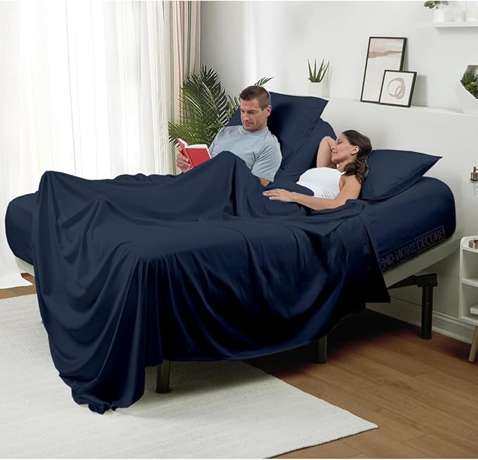 4 Piece Split Head Flex Sheet Set, 34" Top Split King Sheets for Adjustable Beds, 100% Egyptian Cotton, 16 Inch Deep Pocket, Soft Durable Breathable Sheets, Navy Blue Solid, Ideal for Adjustable Beds
