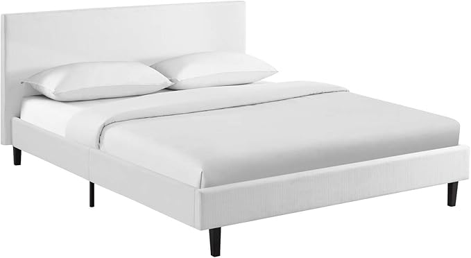 Modway Anya Upholstered White Platform Bed with Wood Slat Support in Queen