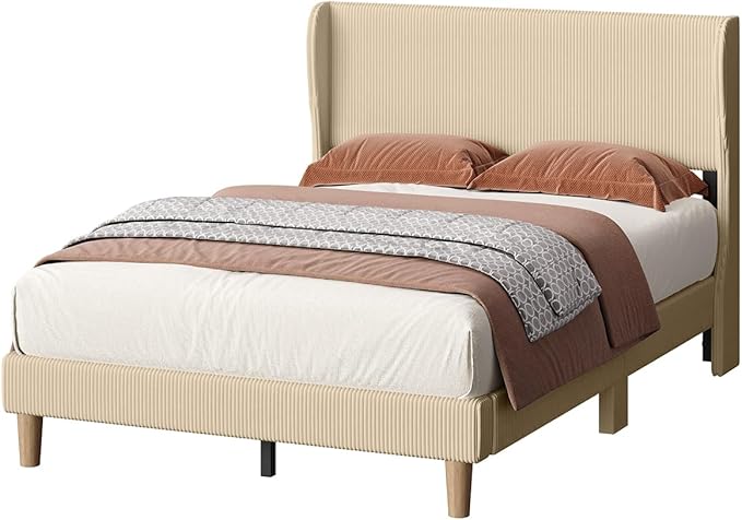 Bestier Full Bed Frame with Wingback Headboard,Upholstered Platform Full Size Bed with Strong Wooden Slats,No Box Spring Needed,Never Squeaks,Easy Assembly,Taupe