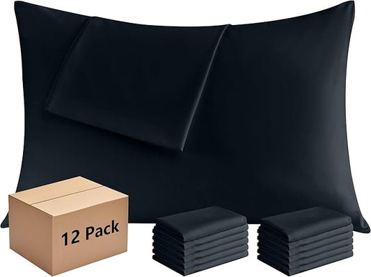 Pillowcases Queen 12 Pack, 20x30 Pillow Cases with Envelope Closure, Soft Plain Brushed Microfiber Covers Breathable Wrinkle-Resistant, Black