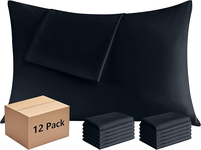 Pillowcases Standard 12 Pack, 20x26 Pillow Cases with Envelope Closure, Soft Plain Brushed Microfiber Covers Breathable Wrinkle-Resistant, Black