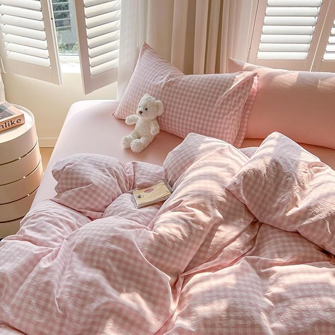 Nayoroom Gingham Duvet Cover Twin Size Pink White Plaid Checkered Comforter Cover 2 Pcs Soft Breathable Washed Microfiber Grid Farmhouse Bedding Set with Pillow Shams