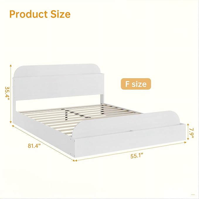 GarveeHome Full Size Bed Frame, Wooden Beds with Storage Headboard and Raised-Foodboard, Full-Floor Low Platform Bed for Bedroom, Sturdy Wooden Slats Support, No Box Spring Needed, White