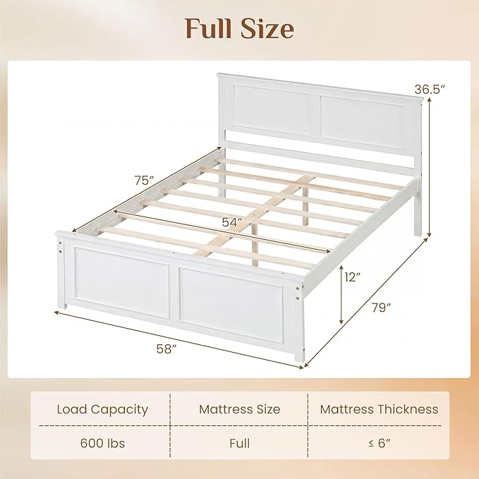 Giantex Wood Full Size Bed Frame with Headboard, Farmhouse Solid Platform Bed w/Wooden Slat Support Mattress Foundation, Under-Bed Storage, No Box Spring Needed, White