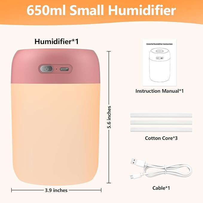 Portable Small Humidifier, 650ml Colorful Mini Humidifier for Bedroom, Office Desktop, Baby Room, Plants, Cool Mist Humidifiers(Deep Pink)