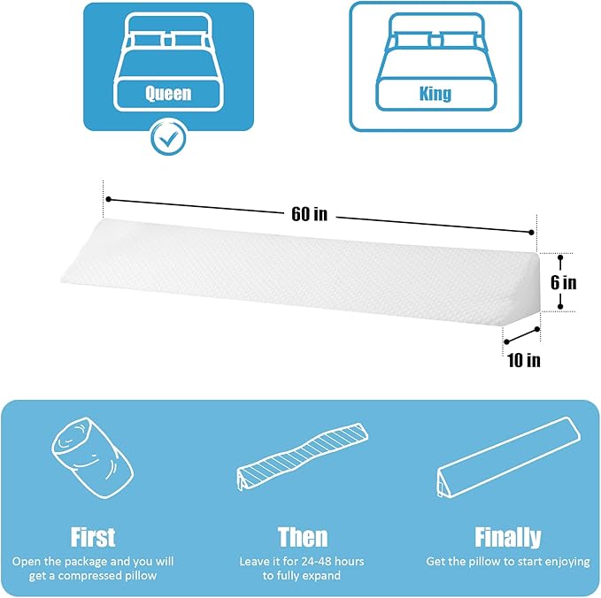 MEGCXIT Queen Bed Wedge Pillow for Headboard, 60"x10"x6", Bed Gap Filler Queen, Headboard Pillow, Pillow Wedge for Headboard Gap, Anti-Slip Gap Pillow for Headboards, Air-Layer White