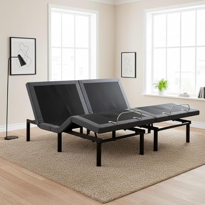 Naomi Home Idealbase Split King Adjustable Bed Base with Massage, USB Ports, Under-Bed Light, Wireless Remote, 800 Lb Capacity, Gray Metal Frame, Easy Setup for Couples’ Personalized Comfort
