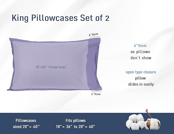 Pillow Cases, King Size Cotton Percale Weave Pillowcases, Pre-Shrunk Breathable and Hypoallergenic Pillowcases, Set of 2 (2 Piece King 20 Inch x 40 Inch, Purple)