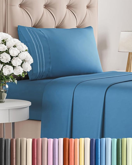 Twin Size 3 Piece Sheet Set - Comfy Breathable & Cooling Sheets - Hotel Luxury Bed Sheets for Women & Men - Deep Pockets, Easy-Fit, Soft & Wrinkle Free Sheets - Denim Blue Oeko-Tex Bed Sheet Set