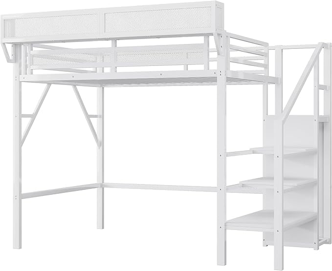 SOFTSEA Metal Loft Bed Storage Shelves, Twin XL Size Loft Bed Frame with Wardrobe, High Loft Beds with Stairs and Guardrail for Kids Bedroom, No Box Spring Needed, White