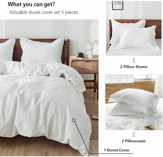 Simple&Opulence 100% Washed Linen Duvet Cover Set 5pcs(1 Duvet Cover& 2 Shams& 2 Pillowcases) Basic Style Natural French Flax Soft Breathable Farmhouse Bedding (Queen, White)
