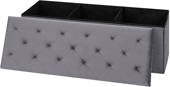 PINPLUS Storage Ottoman Bench with Benches Foot Rest Stool, Large Long Folding Velvet Shoes Chest for Bedroom, Living Room,（Grey） 43.3"x15.7"x15.7"
