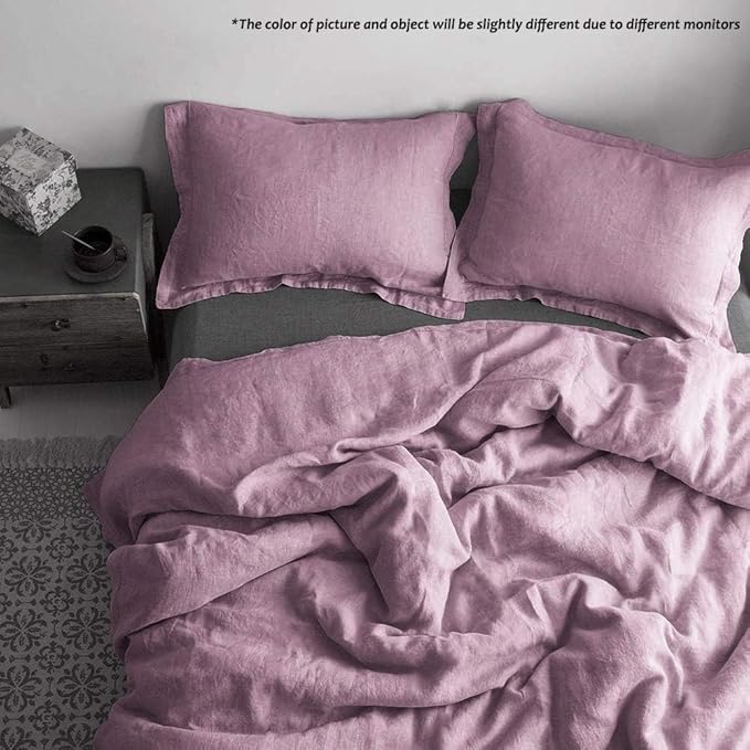Simple&Opulence 100% Linen Duvet Cover Set with Embroidery Border Washed - 3 Pieces (1 Duvet Cover with 2 Pillow Shams) with Button Closure Soft Breathable Farmhouse - Purple, Queen Size