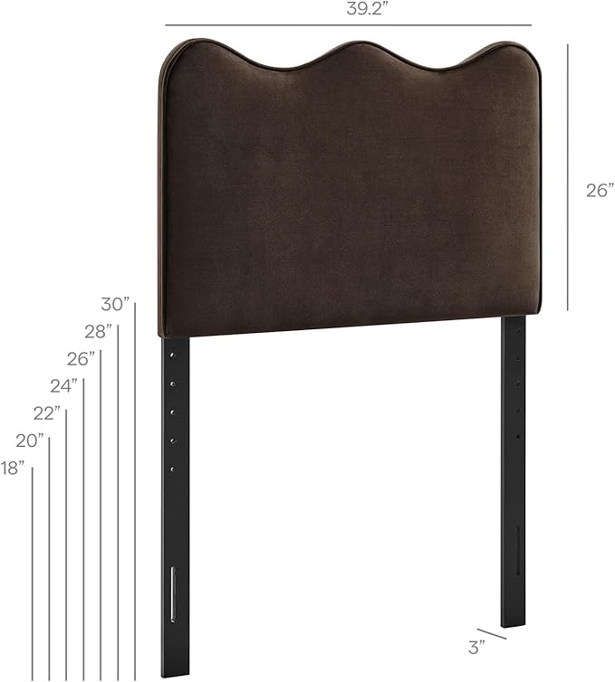 Monday Athena Twin Size Performance Velvet Adjustable Headboard in Chocolate Brown - with Scalloped Wave Design and Stain-Resistant Velvet Upholstery