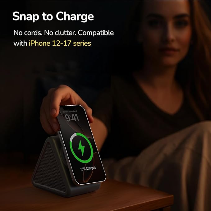 Housbay Sound Machine with Magnetic Wireless Charger for iPhone, 2-in-1 Design for Clutter-Free Nightstand, Dual-Speaker Stereo Sound for Sleeping - Black