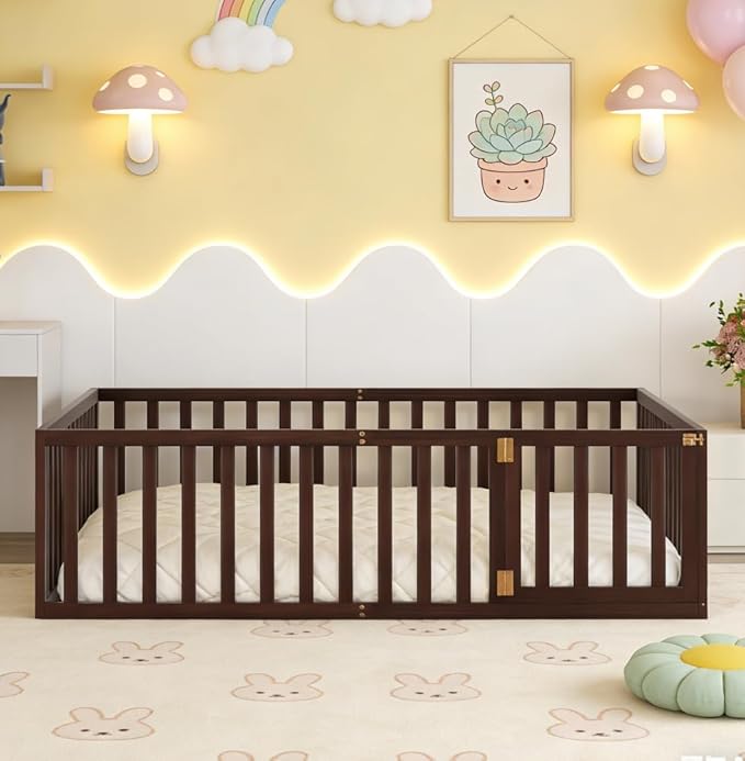 Bellemave Queen Size Montessori Floor Bed with 21.7" High Rails, Pine,Plywood Floor Bed with Small Door, Walnut